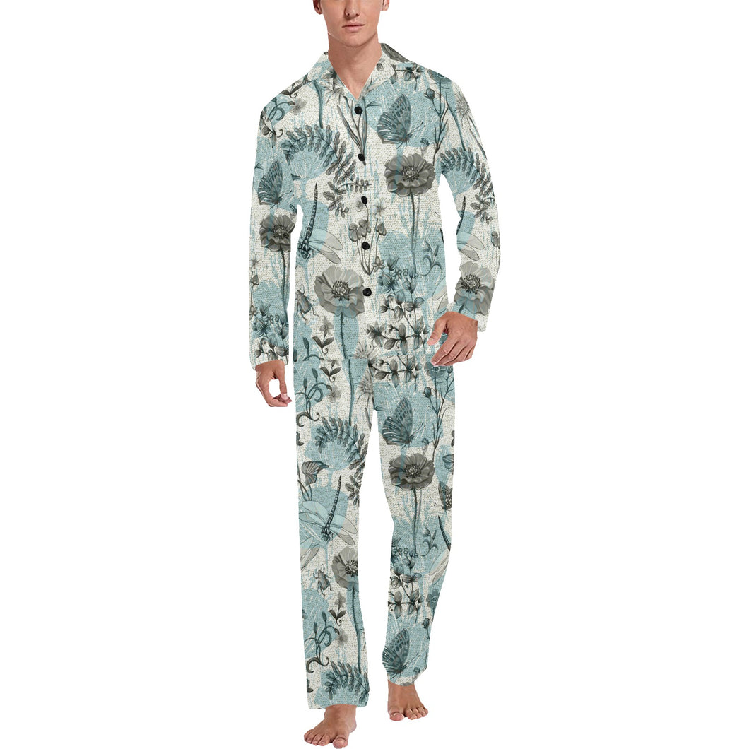 Dragonfly Butterfly Plants insect flower vintage s Men's Long Pajama Set