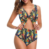 Colorful parrot flower pattern Chest Bowknot High Waisted Bikini Swimsuit