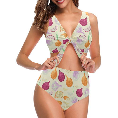 Onion garlic white red pattern Chest Bowknot High Waisted Bikini Swimsuit