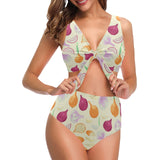 Onion garlic white red pattern Chest Bowknot High Waisted Bikini Swimsuit