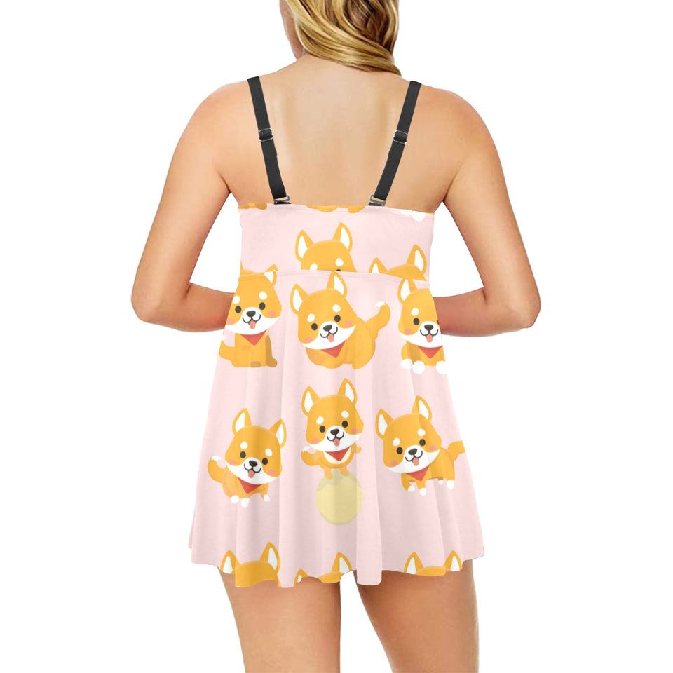 Cute shiba inu dog pattern Chest Sexy Pleated Two Piece Swim Dress