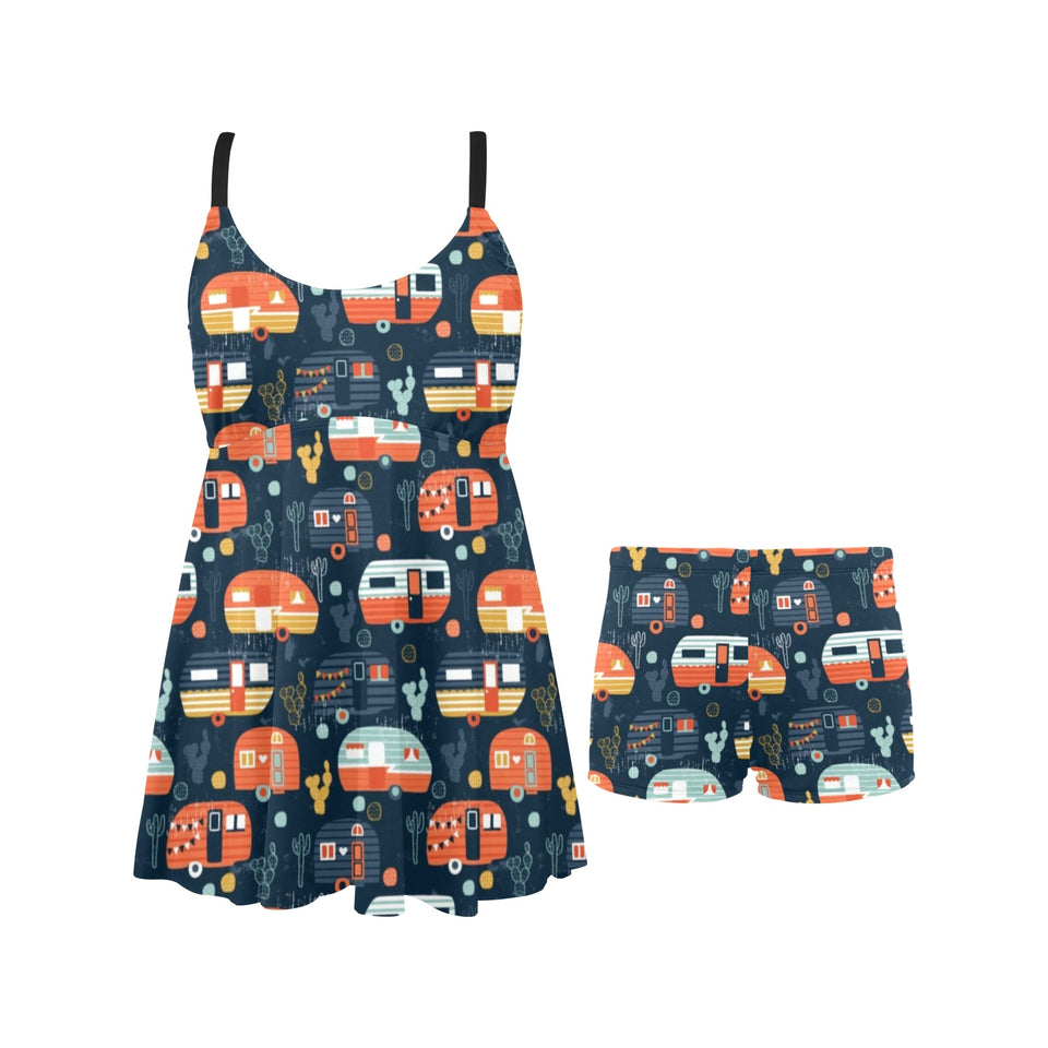 Camper Van Pattern Print Design 05 Chest Sexy Pleated Two Piece Swim Dress