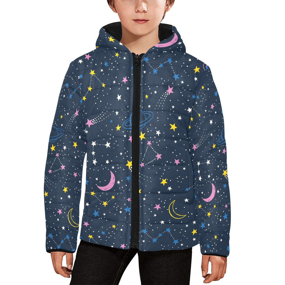 space pattern with planets, comets, constellations Kids' Boys' Girls' Padded Hooded Jacket