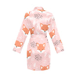 Cute fox pattern pink background Women's Long Sleeve Belted Night Robe