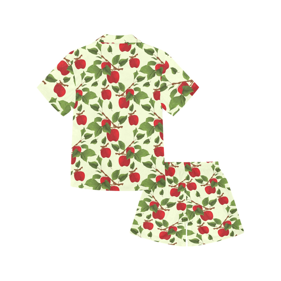 Red apples leaves pattern Kids' Boys' Girls' V-Neck Short Pajama Set