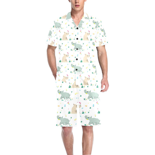 Cute Rhino pattern Men's V-Neck Short Pajama Set