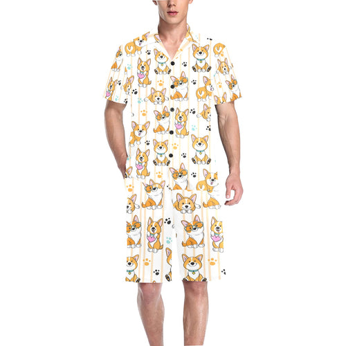Cute dog corgi striped background pattern Men's V-Neck Short Pajama Set