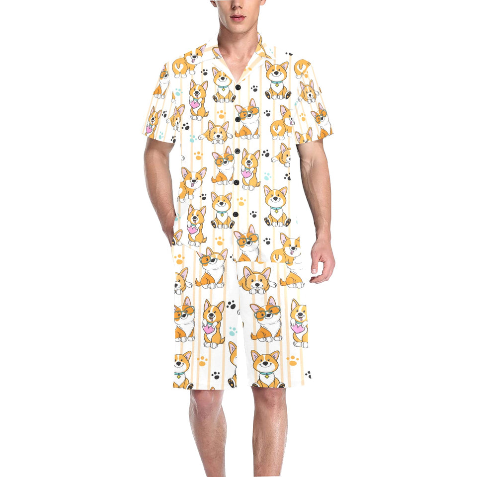Cute dog corgi striped background pattern Men's V-Neck Short Pajama Set