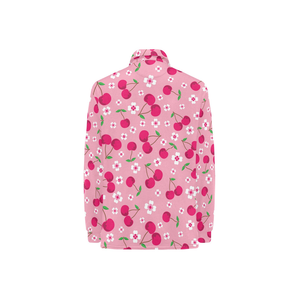 cherry flower pattern pink background Women's Long Sleeve Polo Shirt