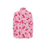 cherry flower pattern pink background Women's Long Sleeve Polo Shirt