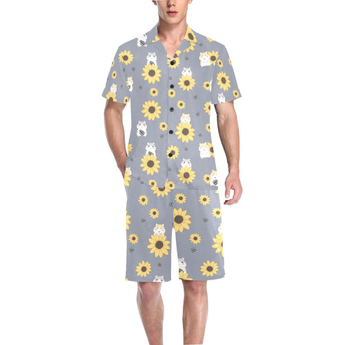 Cute hamster sunflower pattern background Men's V-Neck Short Pajama Set