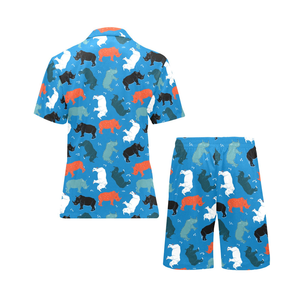 Colorful rhino pattern Men's V-Neck Short Pajama Set