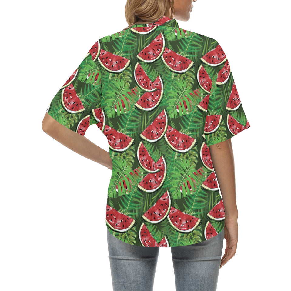 Watermelons tropical palm leaves pattern backgroun Women's All Over Print Hawaiian Shirt