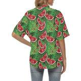 Watermelons tropical palm leaves pattern backgroun Women's All Over Print Hawaiian Shirt