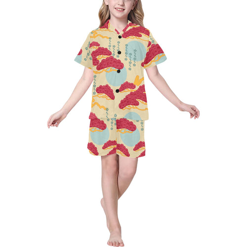 Red Bonsai gray sun japanese pattern Kids' Boys' Girls' V-Neck Short Pajama Set
