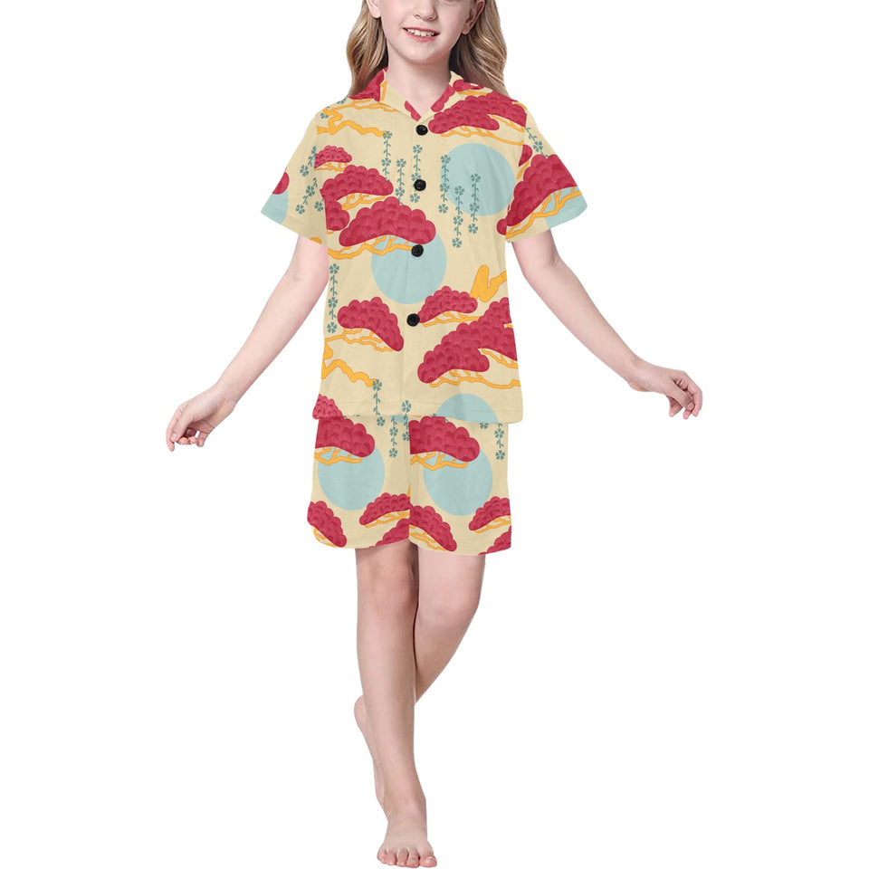 Red Bonsai gray sun japanese pattern Kids' Boys' Girls' V-Neck Short Pajama Set