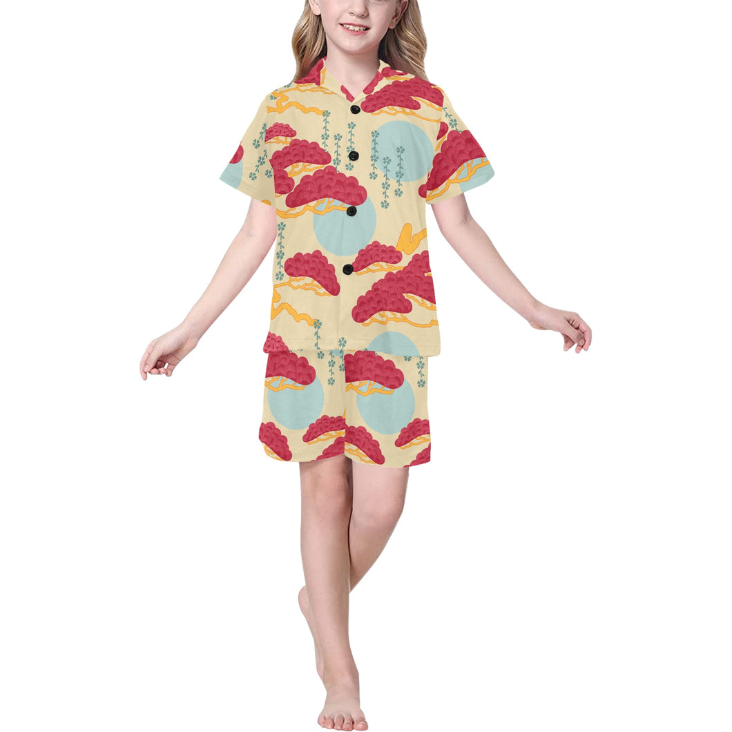 Red Bonsai gray sun japanese pattern Kids' Boys' Girls' V-Neck Short Pajama Set