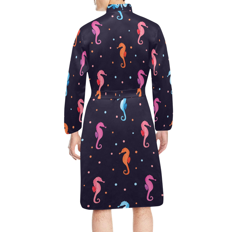 Watercolor colorful seahorse pattern Men's Long Sleeve Belted Night Robe
