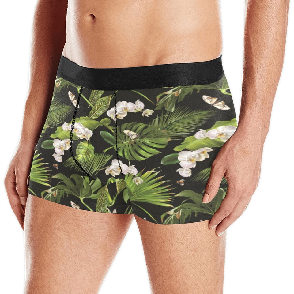 White orchid flower tropical leaves pattern blackg Men's All Over Print Boxer Briefs Men's Underwear
