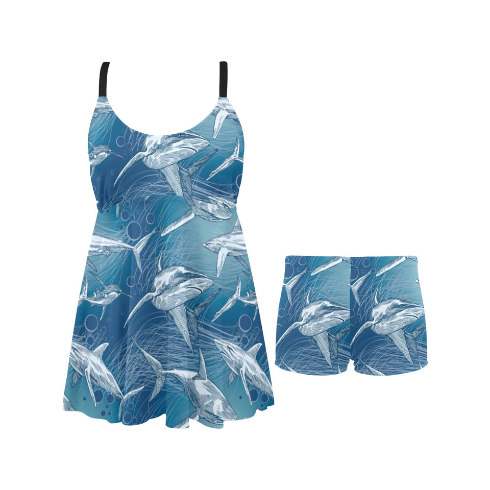 Shark hand drawn Chest Sexy Pleated Two Piece Swim Dress