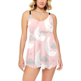Cute moon cloud star pattern pink dot background Chest Sexy Pleated Two Piece Swim Dress