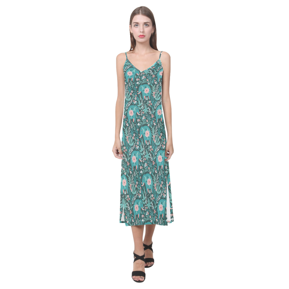 Elephants jungle pattern V-Neck Open Fork Long Dress