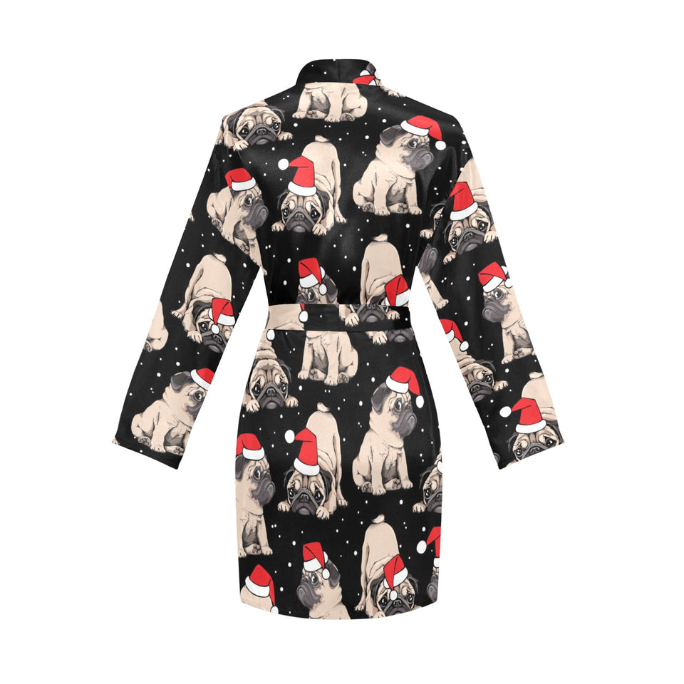 Christmas Pugs Santa_s red cap pattern Women's Long Sleeve Belted Night Robe