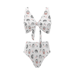 Hedgehog Pattern Print Design 02 Chest Bowknot High Waisted Bikini Swimsuit