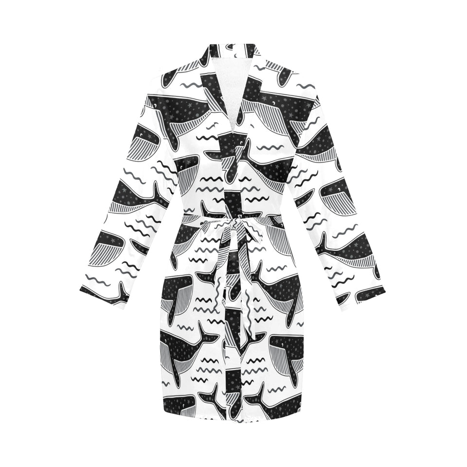 Black whale pattern Women's Long Sleeve Belted Night Robe