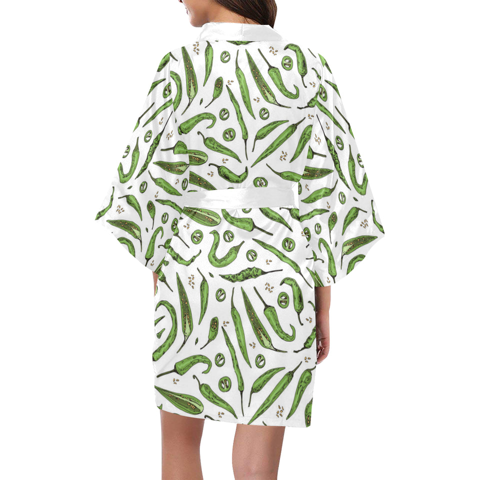 Hand drawn sketch style green Chili peppers patter Women's Short Kimono Robe