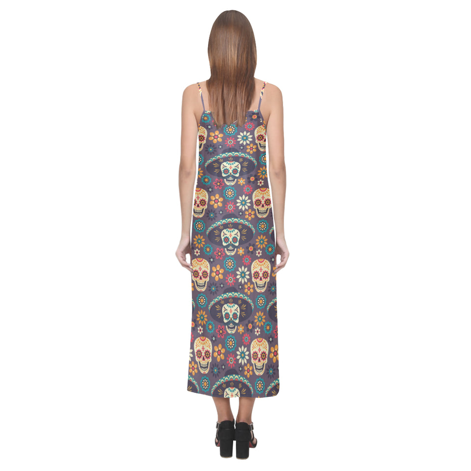 Sugar skulls flower maxican pattern V-Neck Open Fork Long Dress