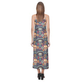 Sugar skulls flower maxican pattern V-Neck Open Fork Long Dress