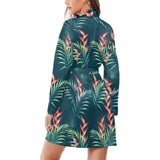heliconia flowers, palm and monstera leaves on bla Women's Long Sleeve Belted Night Robe
