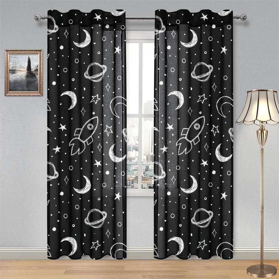 Hand drawn space rocket star planet Gauze Curtain