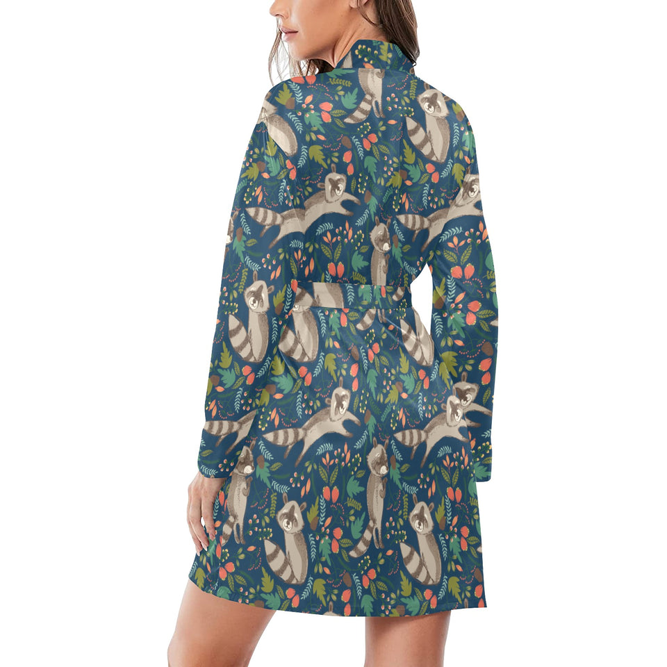 Raccoon tropical leaves pattern Women's Long Sleeve Belted Night Robe