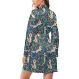 Raccoon tropical leaves pattern Women's Long Sleeve Belted Night Robe