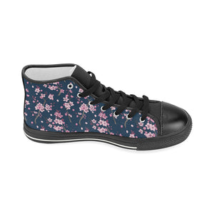 Pink sakura cherry blossom blue background Women's High Top Canvas Shoes Black