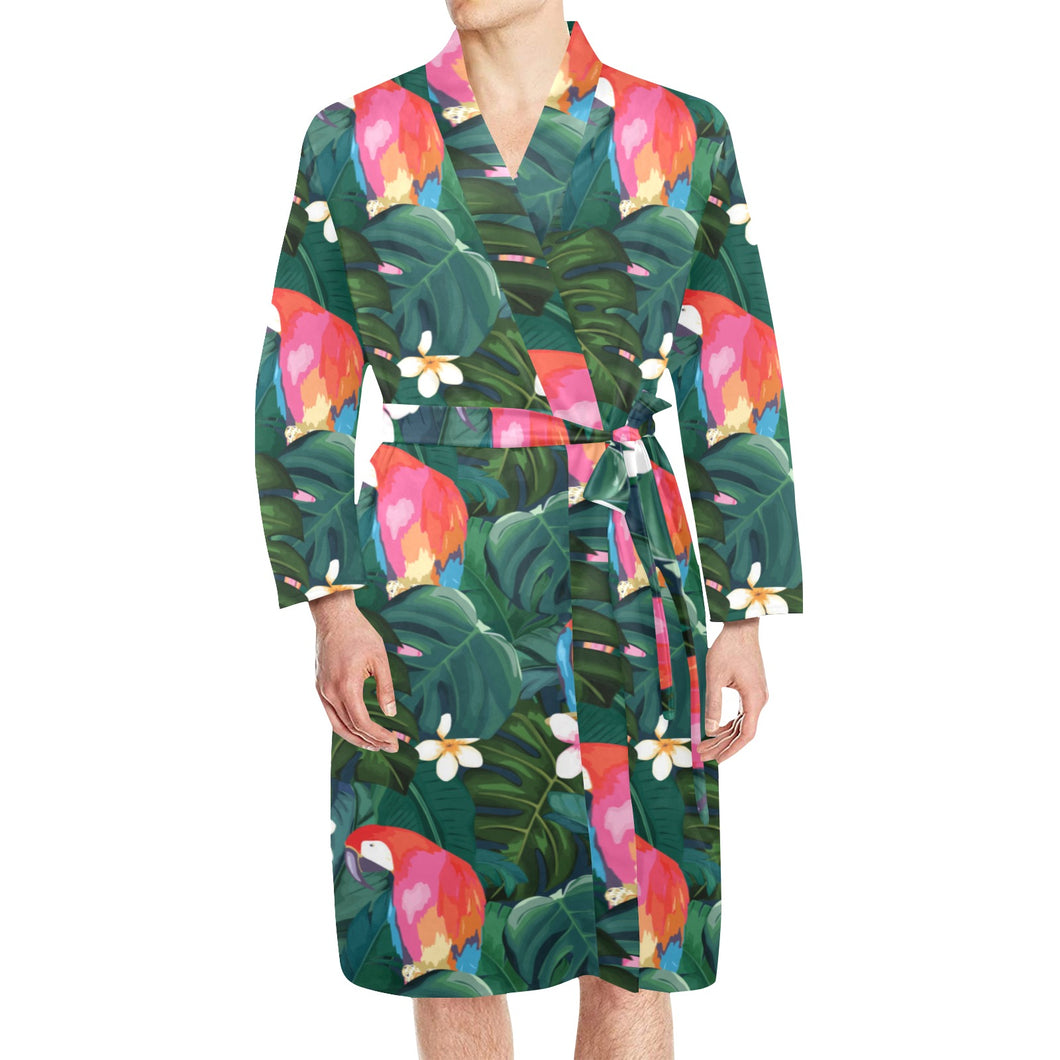 Parrot Palm tree leaves flower hibiscus pattern Men's Long Sleeve Belted Night Robe
