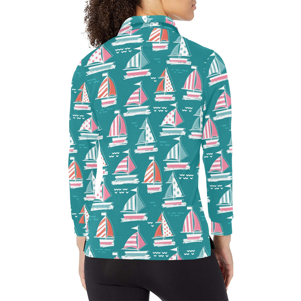 Cute sailboat pattern Women's Long Sleeve Polo Shirt