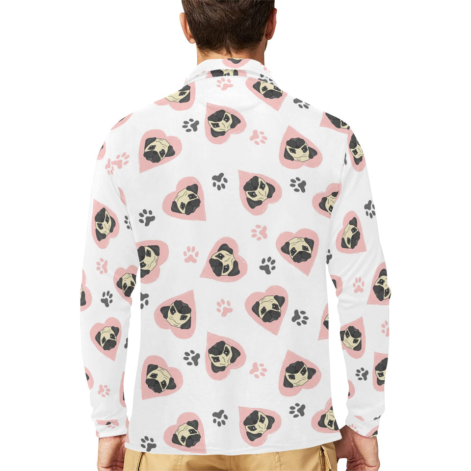 Cute pugs pink heart paw pattern Men's Long Sleeve Polo Shirt