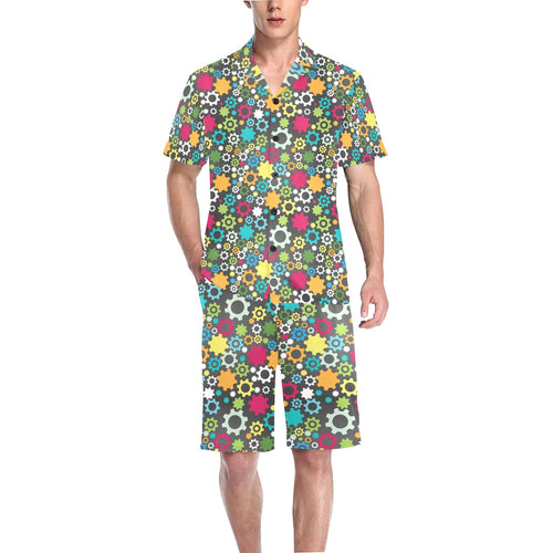 Gear Pattern Print Design 03 Men's V-Neck Short Pajama Set