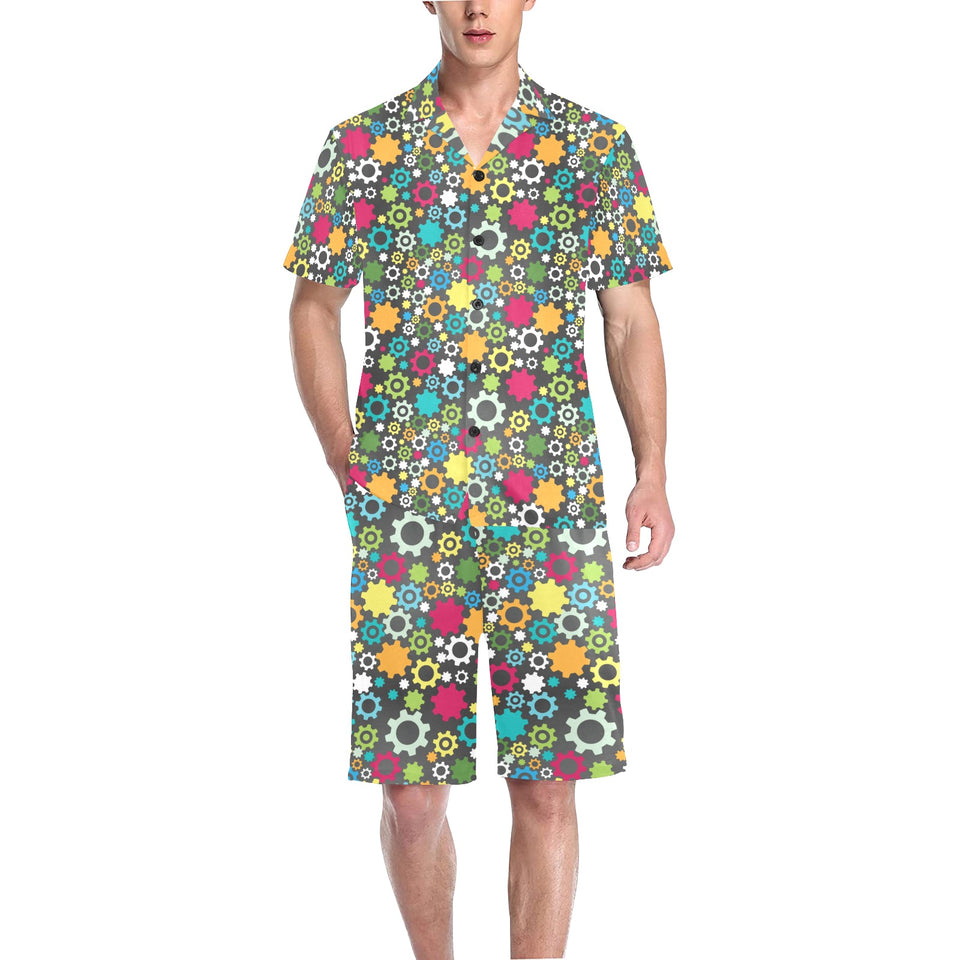 Gear Pattern Print Design 03 Men's V-Neck Short Pajama Set