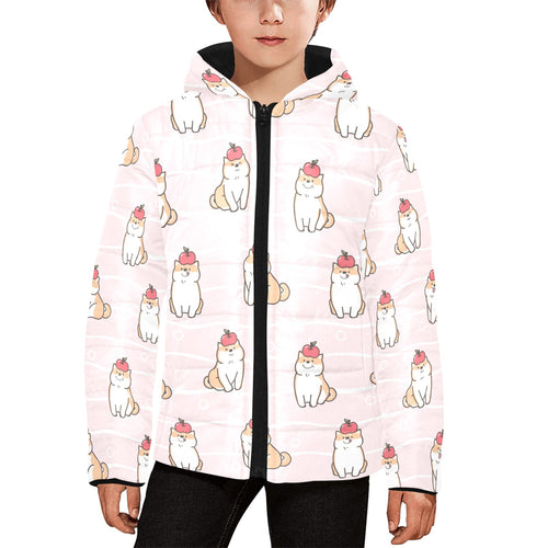 Cute Shiba Inu Dog Apple pattern Kids' Boys' Girls' Padded Hooded Jacket