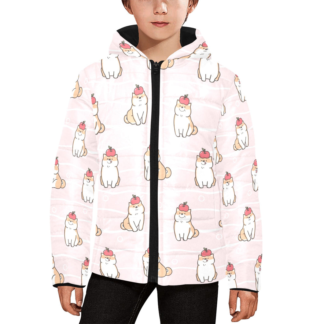 Cute Shiba Inu Dog Apple pattern Kids' Boys' Girls' Padded Hooded Jacket