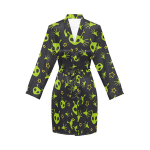 Alien Pattern Print Design 02 Women's Long Sleeve Belted Night Robe