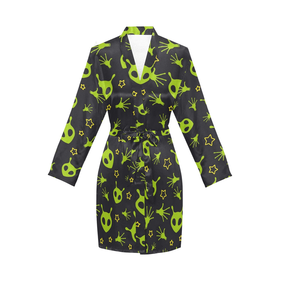 Alien Pattern Print Design 02 Women's Long Sleeve Belted Night Robe