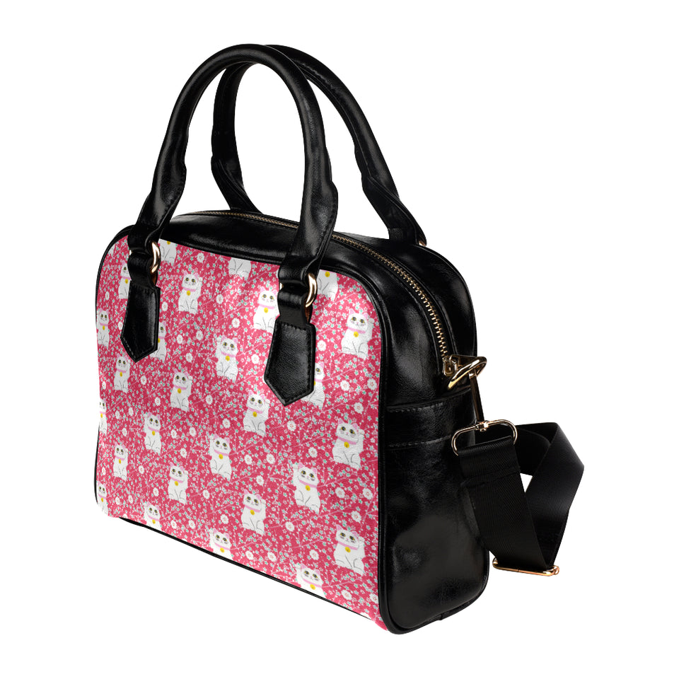 Maneki neko cat sakura pink background Shoulder Handbag