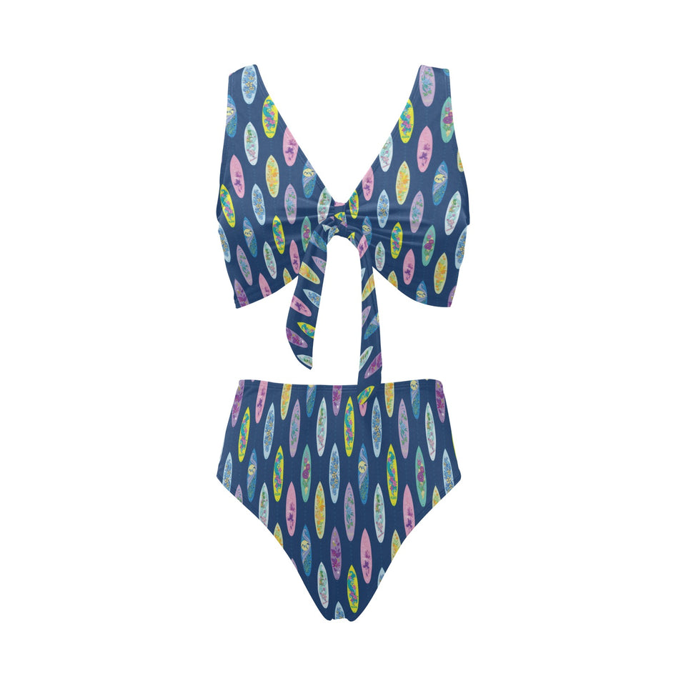 Surfboard Pattern Print Design 03 Chest Bowknot High Waisted Bikini Swimsuit