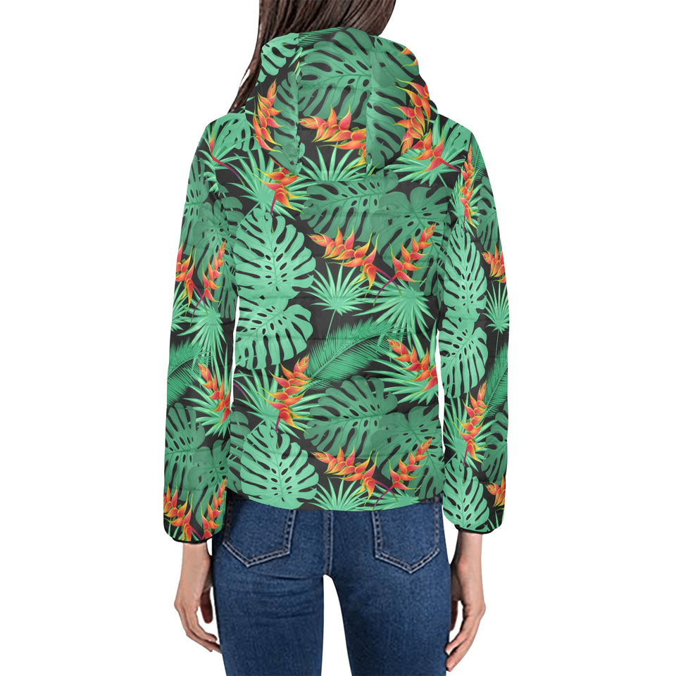heliconia flower palm monstera leaves black backgr Women's Padded Hooded Jacket