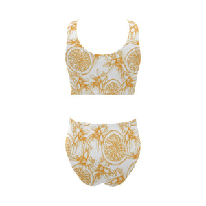 hand drawn orange fruit pattern Chest Bowknot High Waisted Bikini Swimsuit